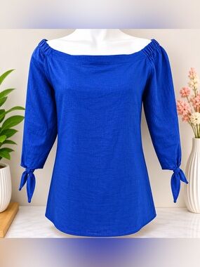 Saks Fifth Avenue NEW LINEN Women’s Off-Shoulder Tie-Sleeve Top in Royal Blue